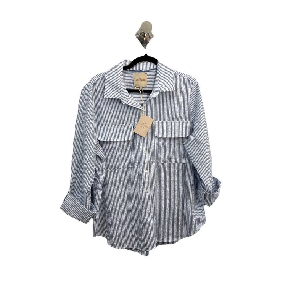 Casa Cabana Seersucker Button Up Striped Long Sleeve Blouse Jasper Blue Size XL